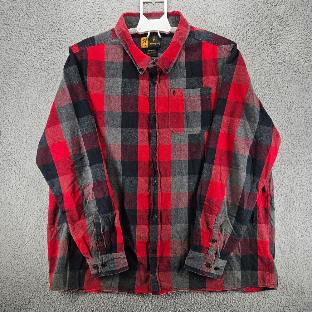 John M Browning Men's 2XL Shirt Long Sleeve Red‎ Black Plaid Cotton Sz XXL